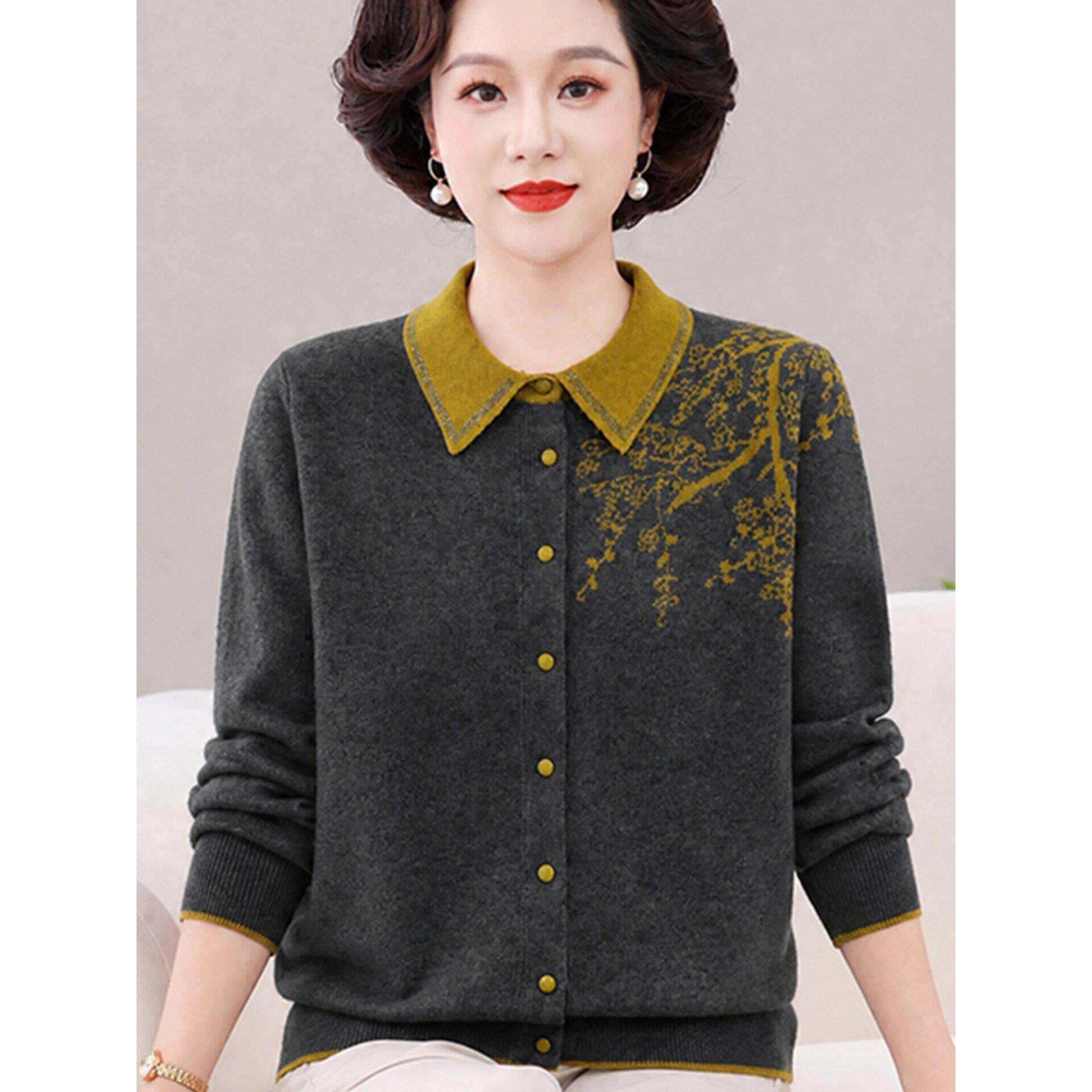 洋气妈妈春秋新款翻领针织开衫外套中老年女大码宽松气质打底毛衣