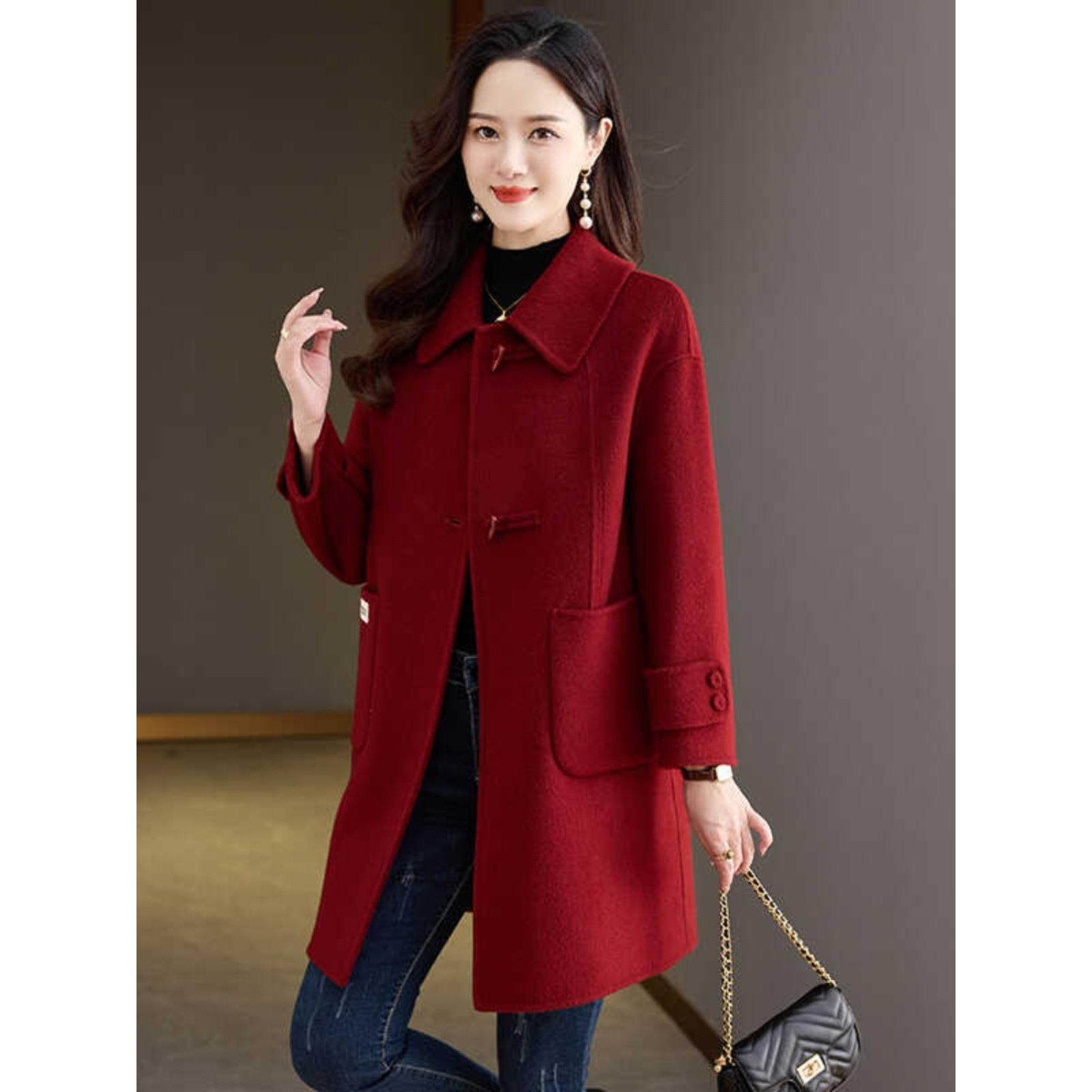 红色双面羊绒大衣女中长款2025秋冬新款妈妈减龄宽松羊毛呢子外套