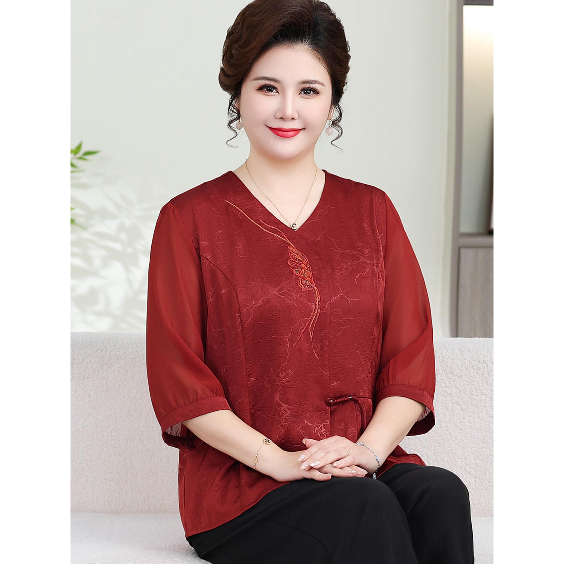 胖妈妈夏装桑蚕丝小衫套装中老年加肥加大码真丝上衣女t恤两件套