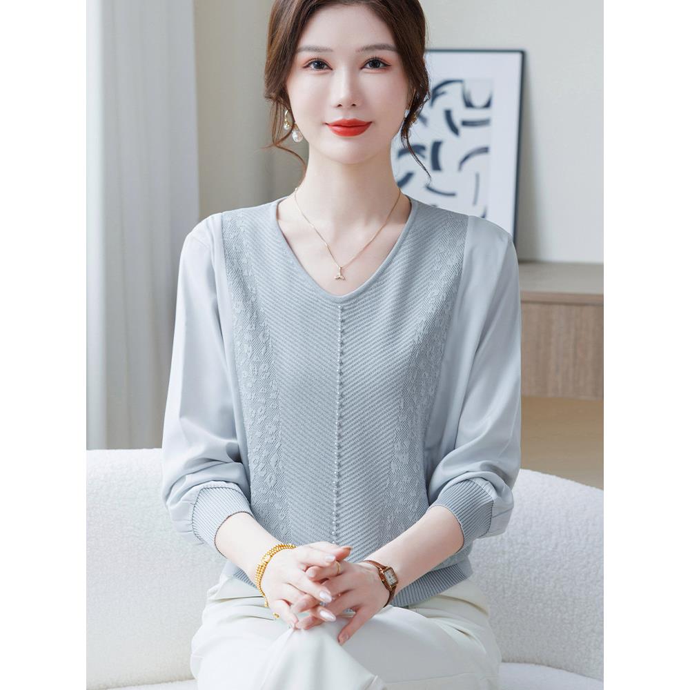 时尚妈妈春装洋气薄款长袖t恤上衣中老年女士春秋新款V领减龄小衫