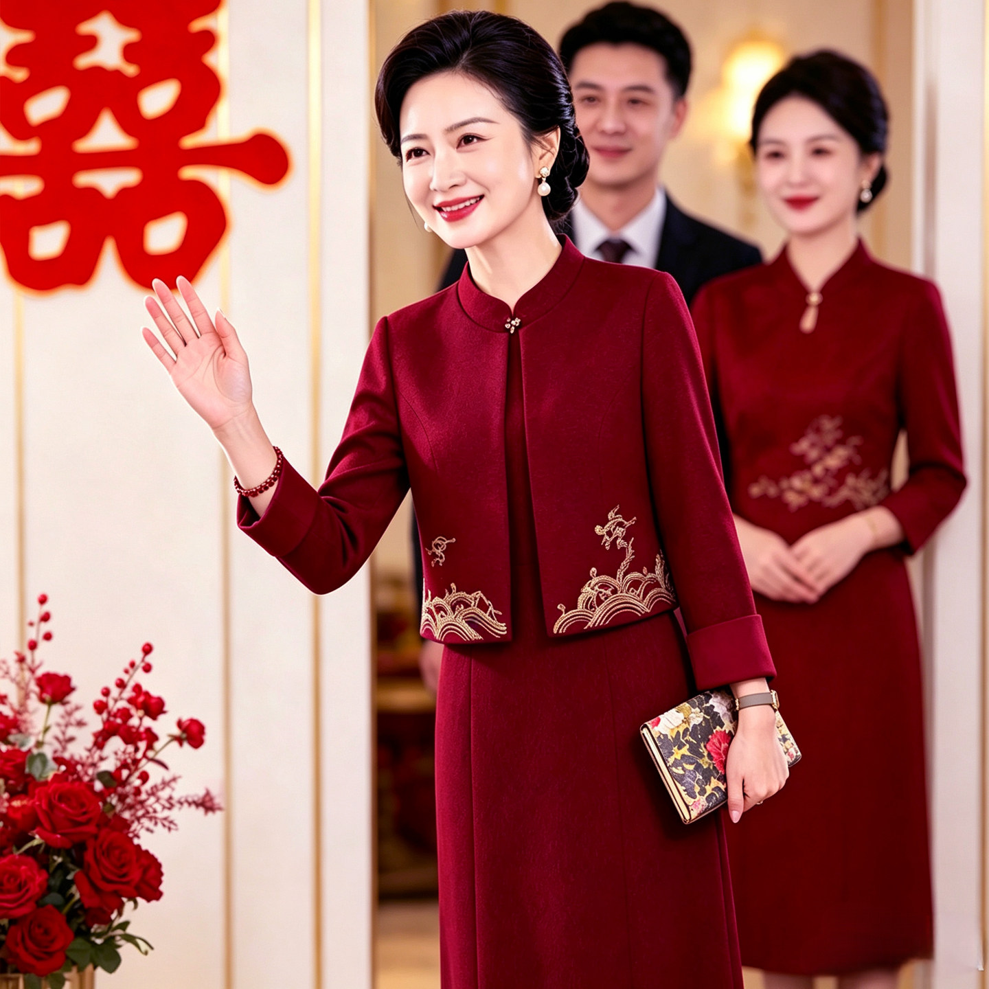 结婚礼服妈妈秋冬红色套装裙大码高端2026新款喜婆婆订婚宴上衣服