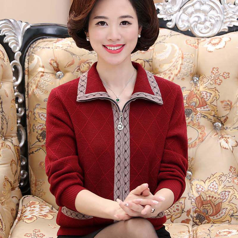中年妈妈装毛衣秋冬加厚外套40-50岁中老年女装短款针织拉链开衫
