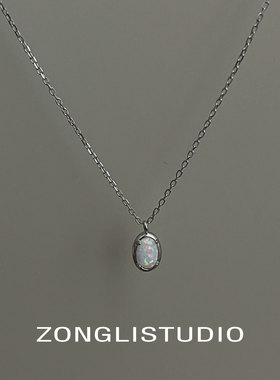 小众椭圆欧泊银色精致锁骨链