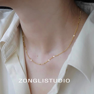 纵里S925纯银镀14k金素链闪片高级百搭项链锁骨链小众通勤叠戴