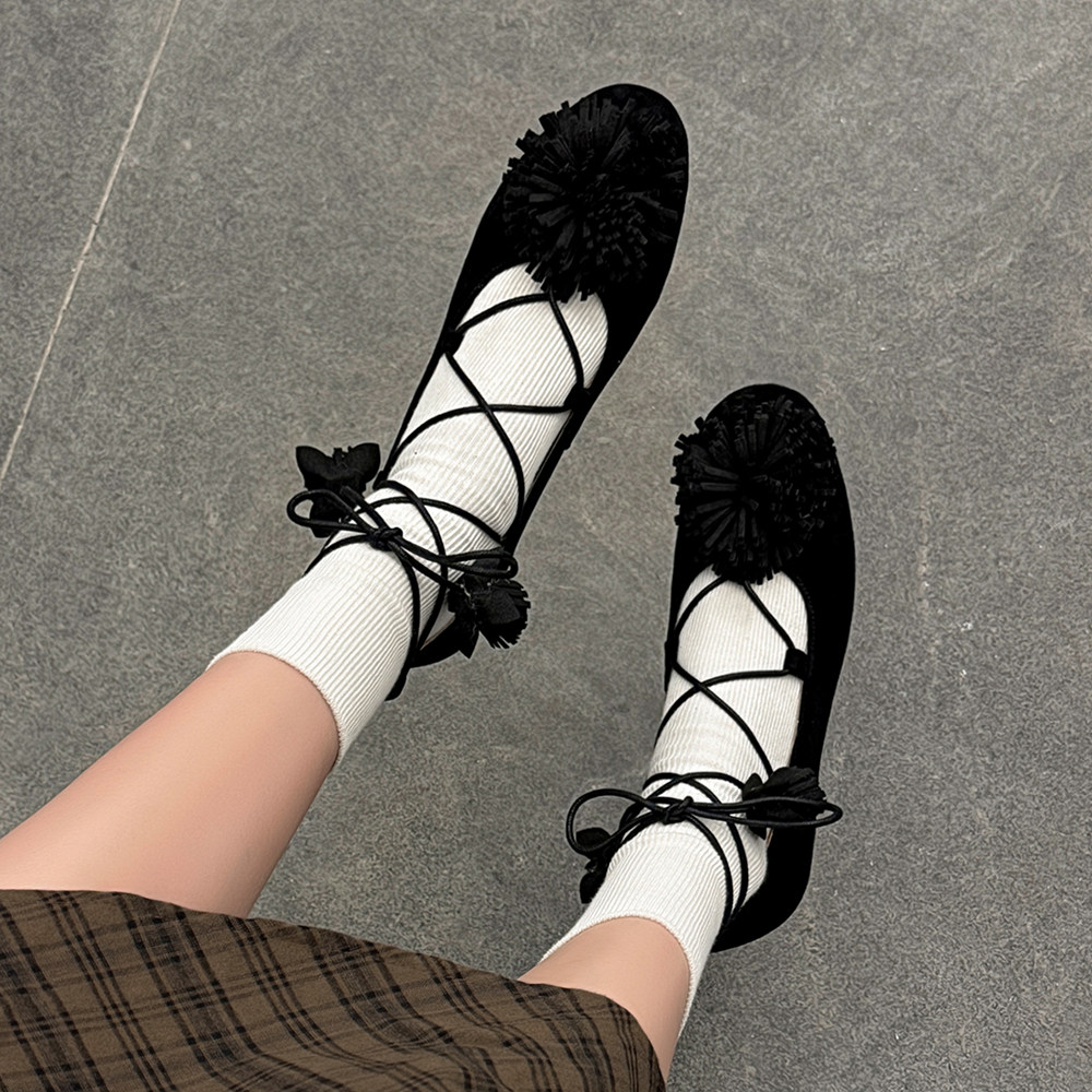 法式磨砂皮毛球玛丽珍鞋女绑带平底芭蕾舞鞋温柔风真皮单鞋小皮鞋,女鞋,玛丽珍鞋,淘宝优惠券,粉丝福利购,淘宝优惠卷