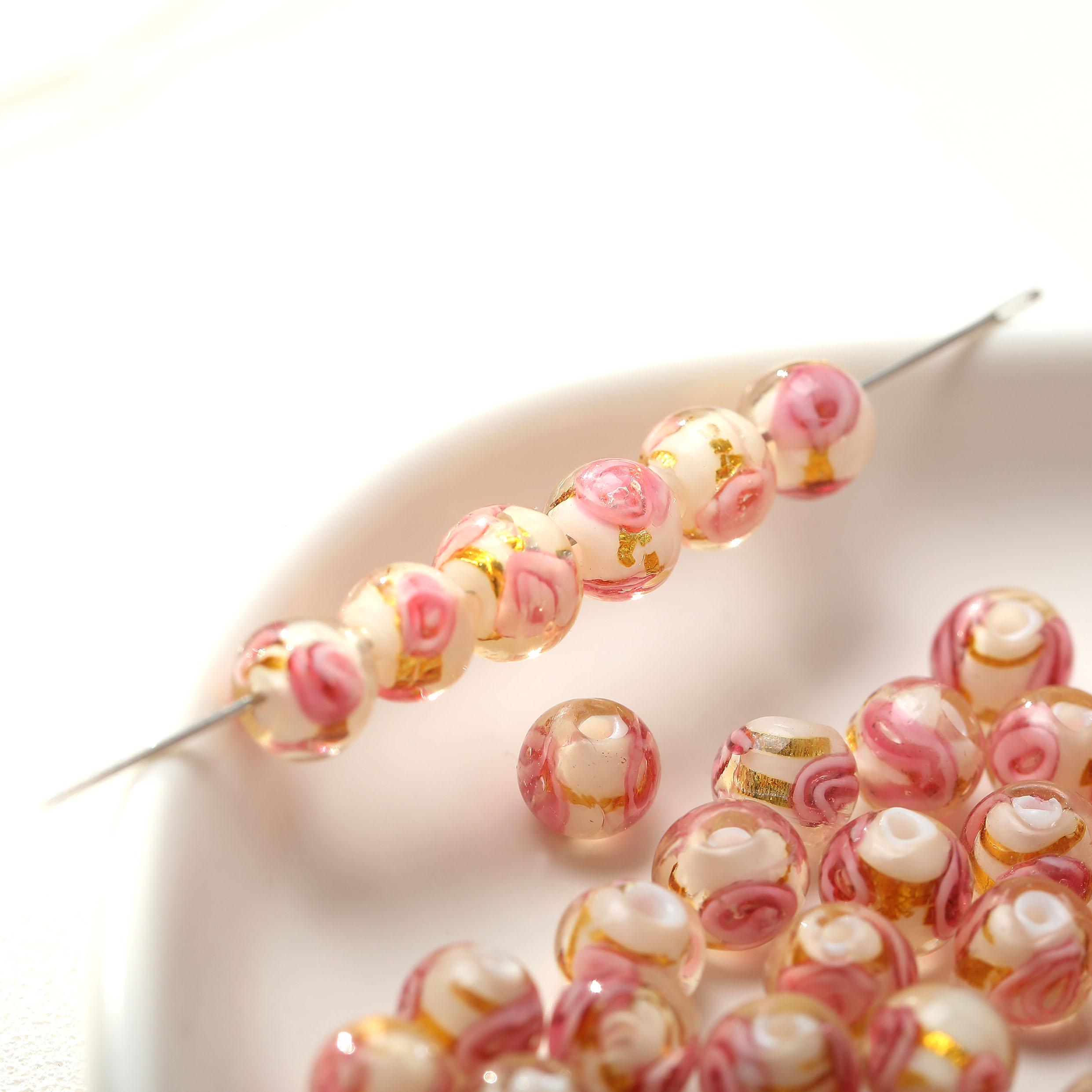 手工细闪金箔复古玫瑰琉璃直孔diy手作串珠手链项链材料配件