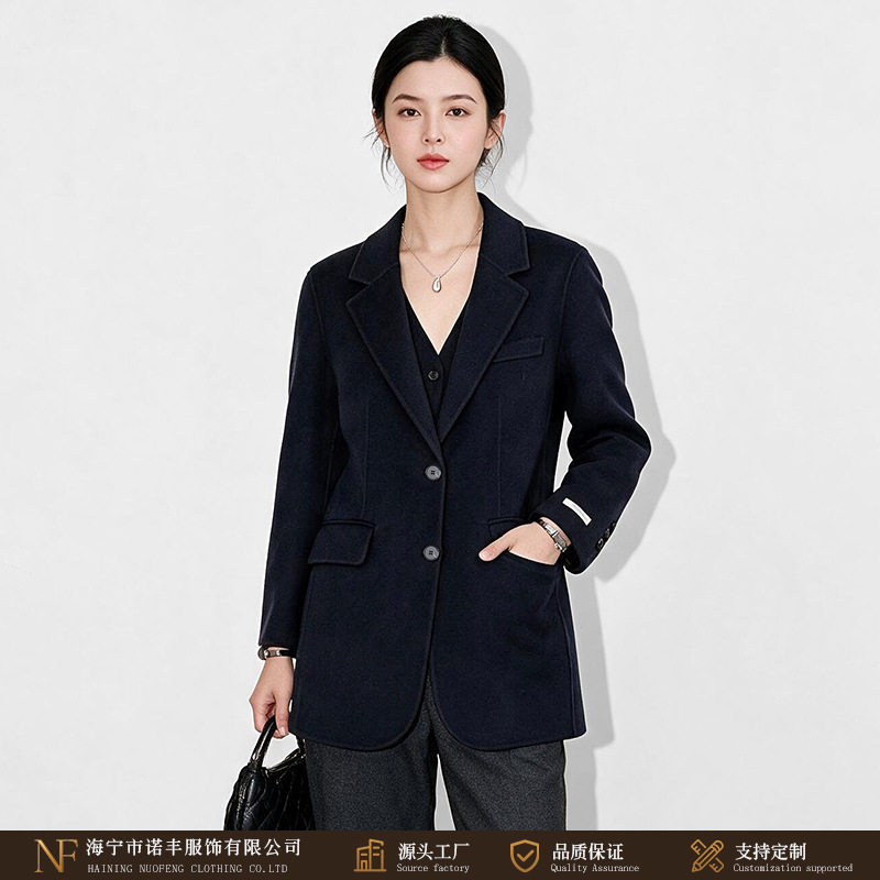 秋冬黑色双面羊毛西装外套女中长款修身通勤职业简约双面呢大衣