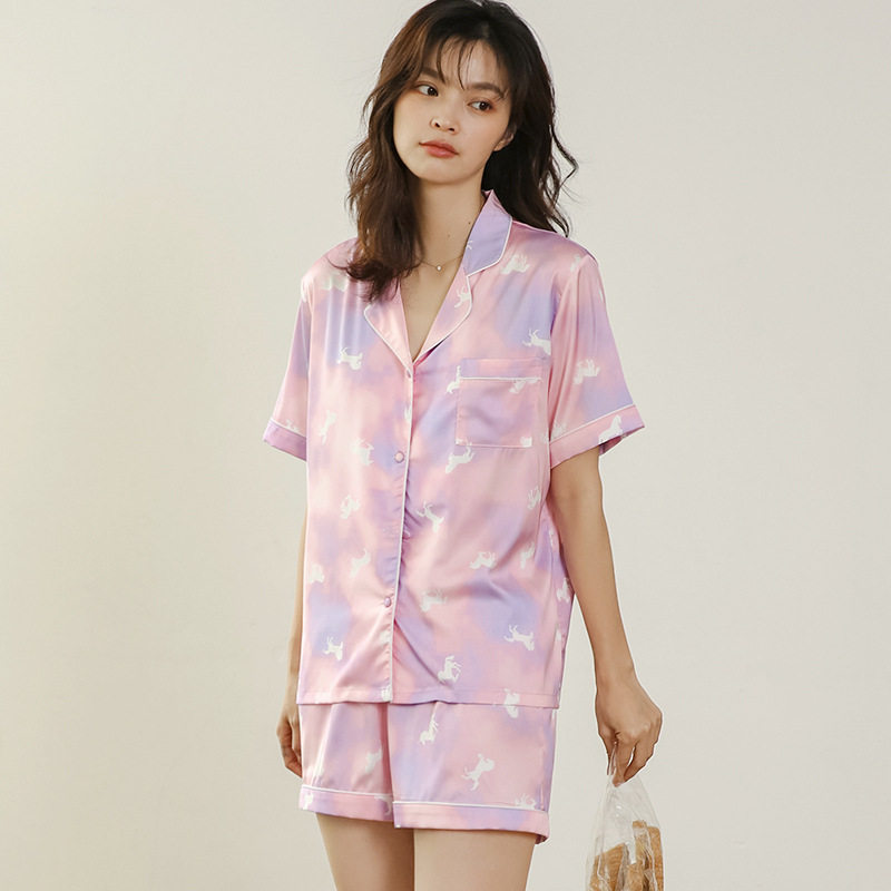 睡衣女夏季薄款卡通独角兽冰丝套装短袖丝绸家居服可外穿可爱风