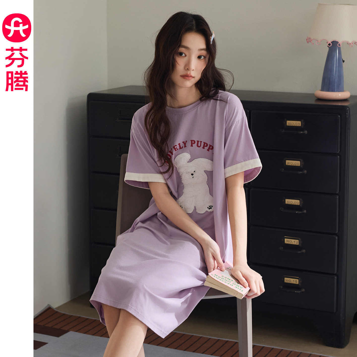 【凉感棉】睡裙女夏季纯棉短袖可爱兔子休闲宽松大码家居服中裙