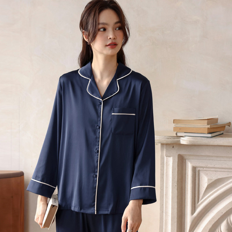 睡衣女春秋季长款冰丝开衫简约长袖薄款情侣家居服套装夏季可外穿
