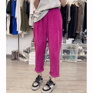 高腰复古萝卜裤 子女宽松百搭潮老爹裤 火龙果色灯芯绒裤 2022春夏款
