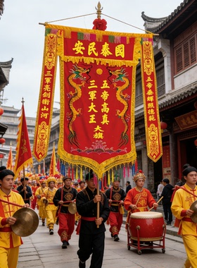 潮汕刺绣双龙大红黑色枣红道旗代表队巡游旗仿古旗