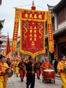 潮汕刺绣双龙大红黑色枣红道旗代表队巡游旗仿古旗