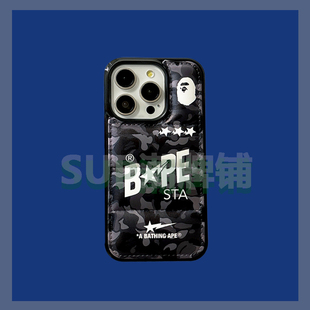 黑灰bape猿人羽绒服苹果15ProMax手机壳16情侣新款适用iPhone14ProMax冬季简约男女13Pro保护套肤感12/11/xr