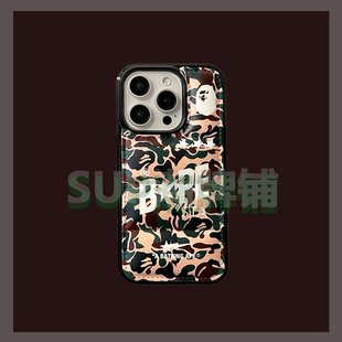潮牌bape猿人羽绒服苹果16ProMax手机壳16情侣新款适用iPhone14ProMax冬季简约男女13Pro保护套肤感12棕色绿