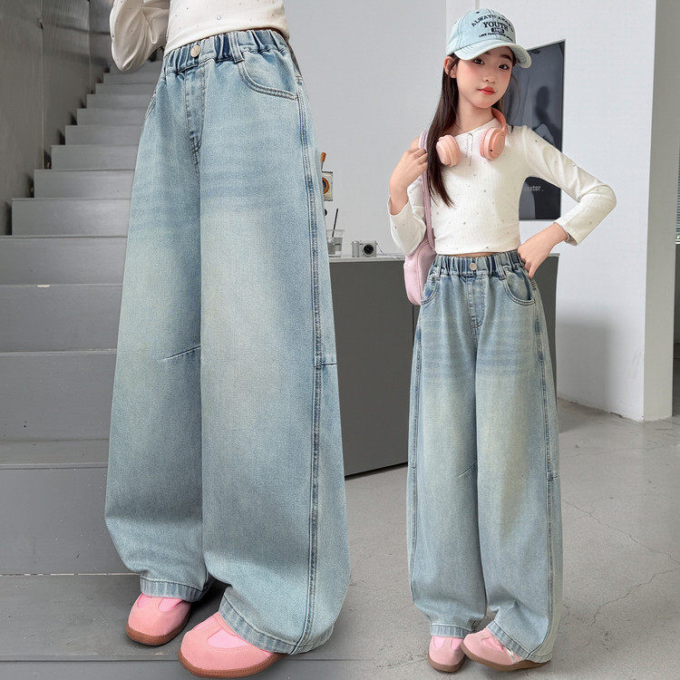 女童牛仔裤春秋新款洋气宽松休闲长裤松紧腰刺绣阔腿裤儿童裤子韩