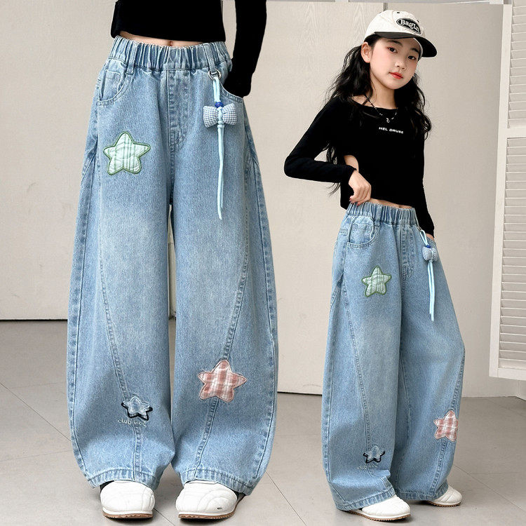 女童阔腿裤2026新款中大童牛仔裤刺绣松紧腰长裤子洋气休闲街头风