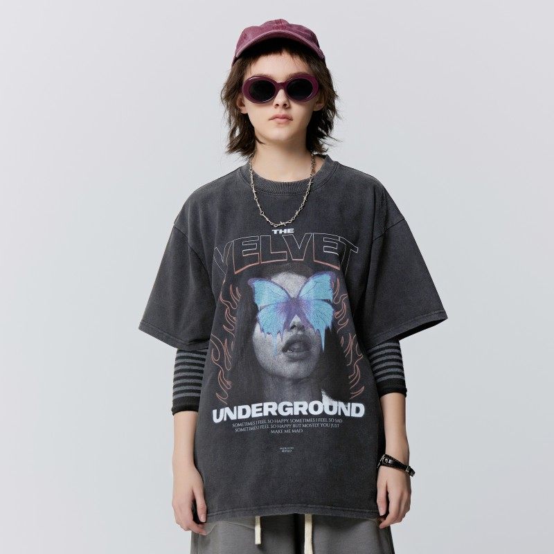 saviour无性别穿搭 夏季美式复古人物字母印花短袖百搭休闲宽松t