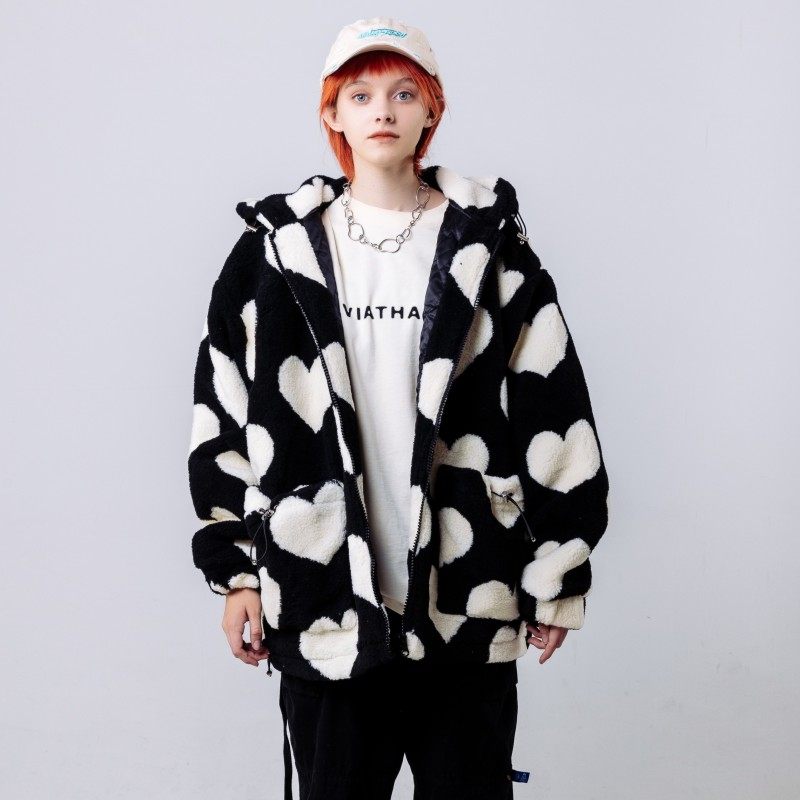 saviour无性别穿搭 2022冬季白色爱心复古拼接羊羔绒外套加厚棉服