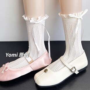 义乌红红奶白色蝴蝶结袜子女中筒夏季薄款蕾丝边镂空网袜短袜芭蕾