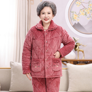冬季睡衣女士三层加厚保暖套装老年人妈妈奶奶大码夹棉加绒家居服