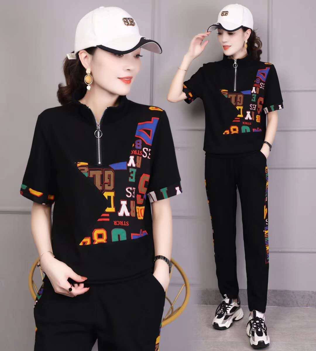 欧洲站2024夏季新款网红运动休闲套装女时尚宽松短袖百搭两件套女