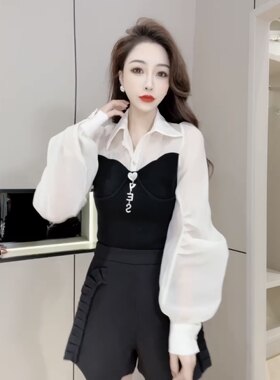 欧洲站含2022秋冬新款欧货拼接假两件碎花衬衫百搭休闲气质上衣女