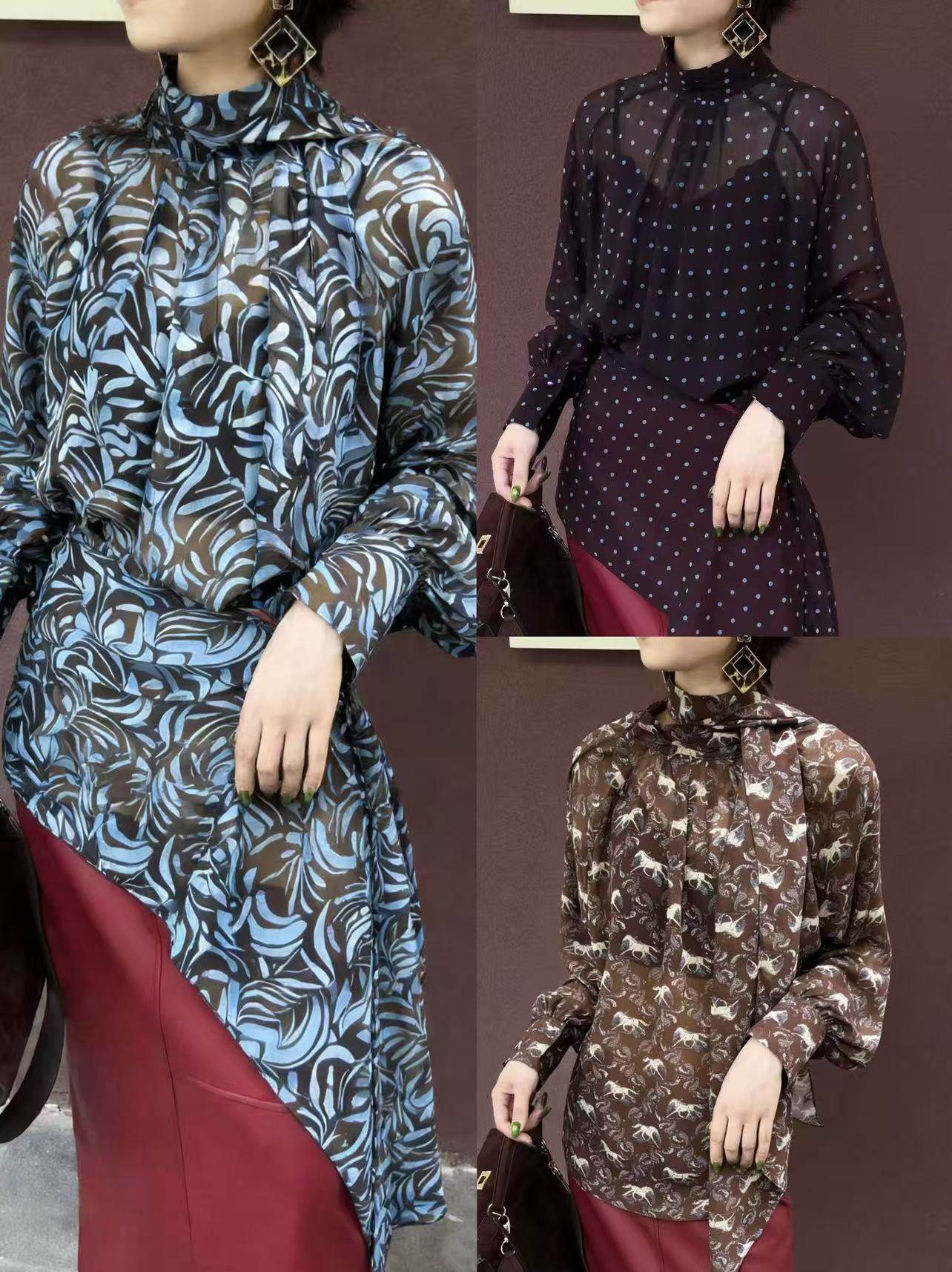 欧货正品2026早春新款时尚百搭显瘦高雅长袖图案马衬衫飘带上衣女