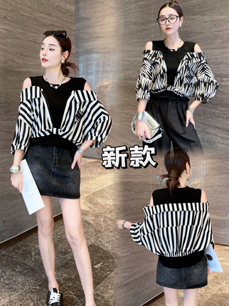 European Genuine Summer Women's Clothing 2024 New Style Fake Two-Piece Off-Shoulder Shirt Fashion Trendy Loose Slimming Top for Women