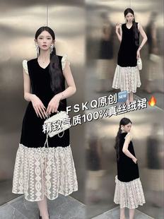 欧货2025秋冬新款时尚百搭显瘦修身V领拼接蕾丝真丝连衣裙女