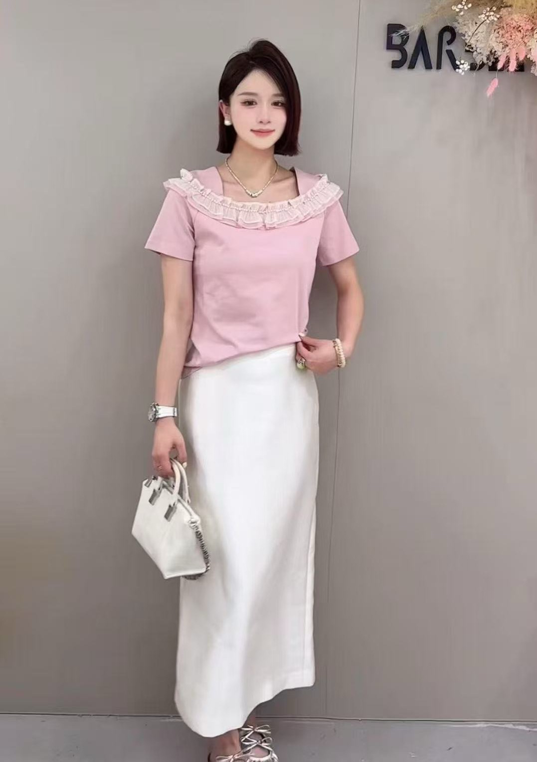 欧货正品2025夏季新款时尚百搭一字肩荷叶边短袖T恤女上衣潮23912