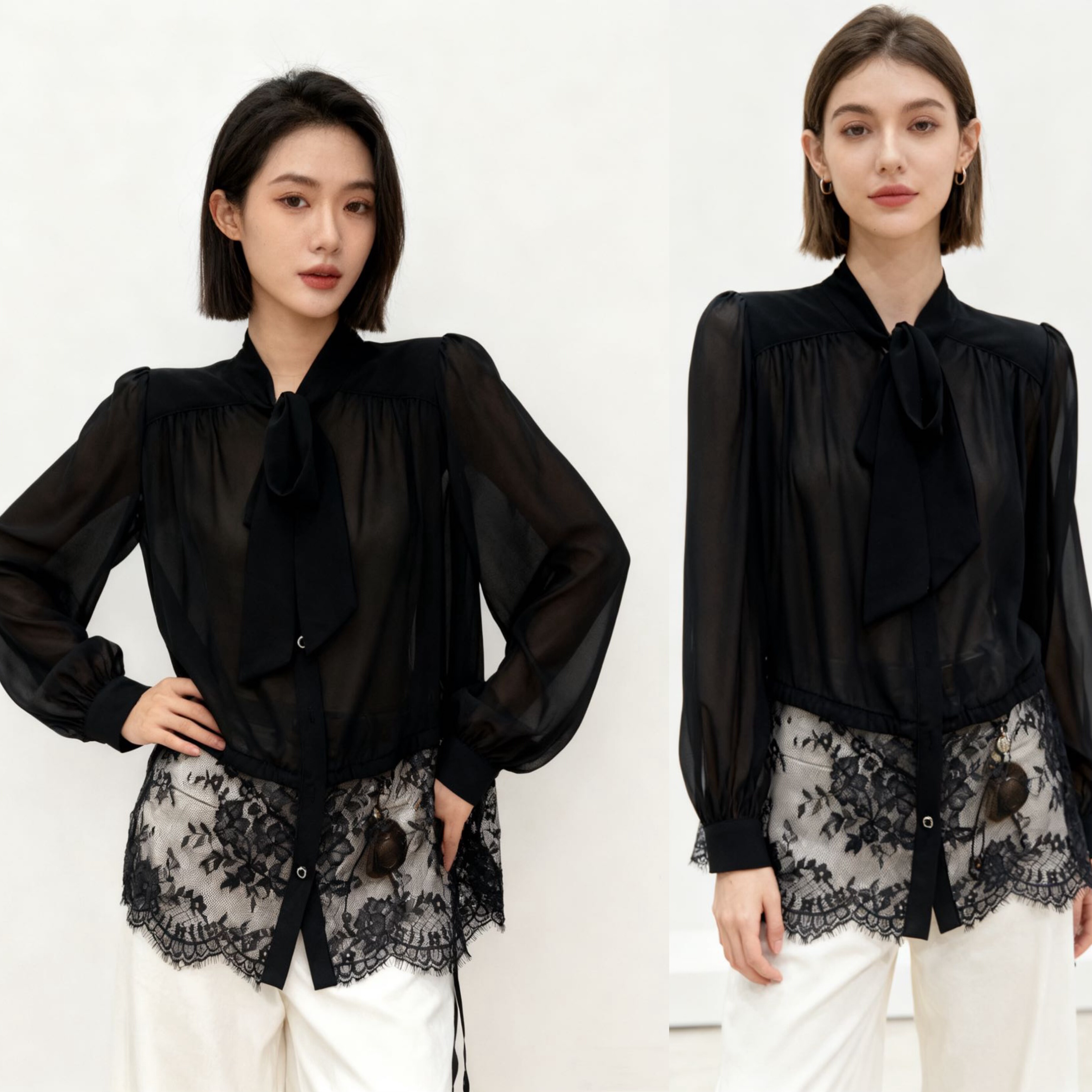 欧货正品2025秋冬新款时尚百搭显瘦气质高雅长袖拼接蕾丝衫上衣女