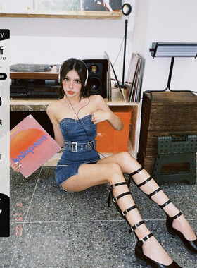 LUV2SHY2025原创美式辣妹复古腰带不规则下摆抹胸水洗牛仔连衣裙