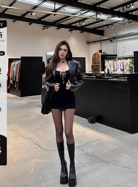 LUV2SHY 现货 气场up 显头小肌理pu皮廓形垫肩西装领外套皮衣短款