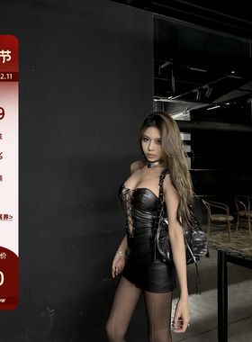 LUV2SHY 现货 辣疯kylie会爱 原创性感镂空抹胸显瘦pu皮裙连衣裙