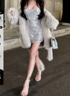 LUV2SHY 现货 灰闪银河 透明亮片带钢圈鱼骨吊带性感连衣裙显瘦