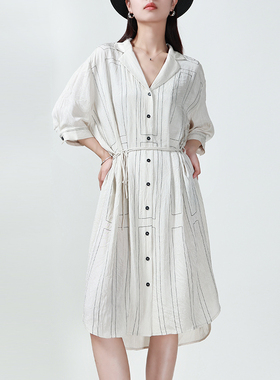 LADYS DIARY原创设计夏季女撞色辑线装饰翻领宽松醋酸连衣裙子女