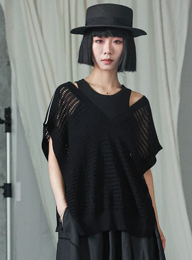 女性日记原创设计2023夏季新款镂空针织衫夏季女无袖宽松T恤上衣