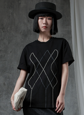 LADYS DIARY原创设计女装2024夏季新款针织刺绣纯棉短袖T恤