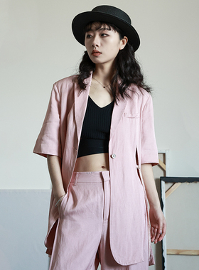 LADYSDIARY原创设计翻领一粒扣西装夏季女长开叉飘带纯色中袖宽松