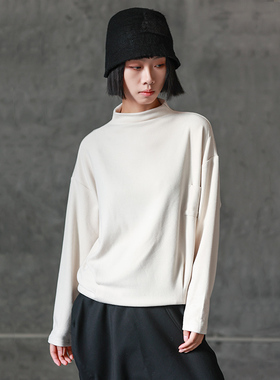 LADYS DIARY原创设计女装立领宽松长袖T恤冬款女下摆收褶