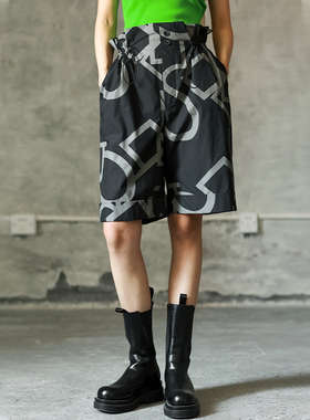 LADYS DIARY原创设计女装2024几何印花松紧抽绳宽松中裤春季女