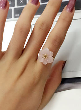 戒指女天然粉晶雕花手工定制进口14K包金水洗不掉色ins冷淡风甜美