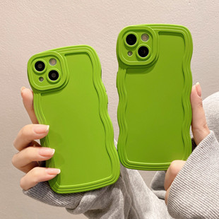 新款 绿色大波浪适用于苹果14PRO全包手机壳iPhoneXS精孔TPU保护套