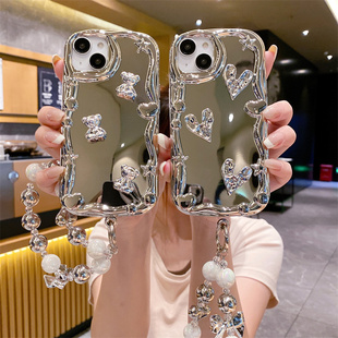 立体波浪电镀适用苹果16PRO小熊手机壳iPhone13/11爱心珠子手链TPU保护套