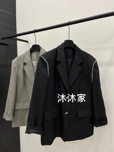 现货欧洲站2024早春新款翻领肩膀明线显瘦百搭宽松西装外套