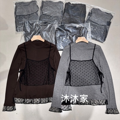 现货欧洲站2025冬季新款洋气百搭显瘦舒适波点网纱拼接长袖T恤女