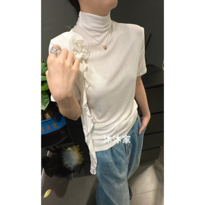 现货欧洲站 立领洋气百搭显瘦花朵装饰天丝羊毛短袖T恤