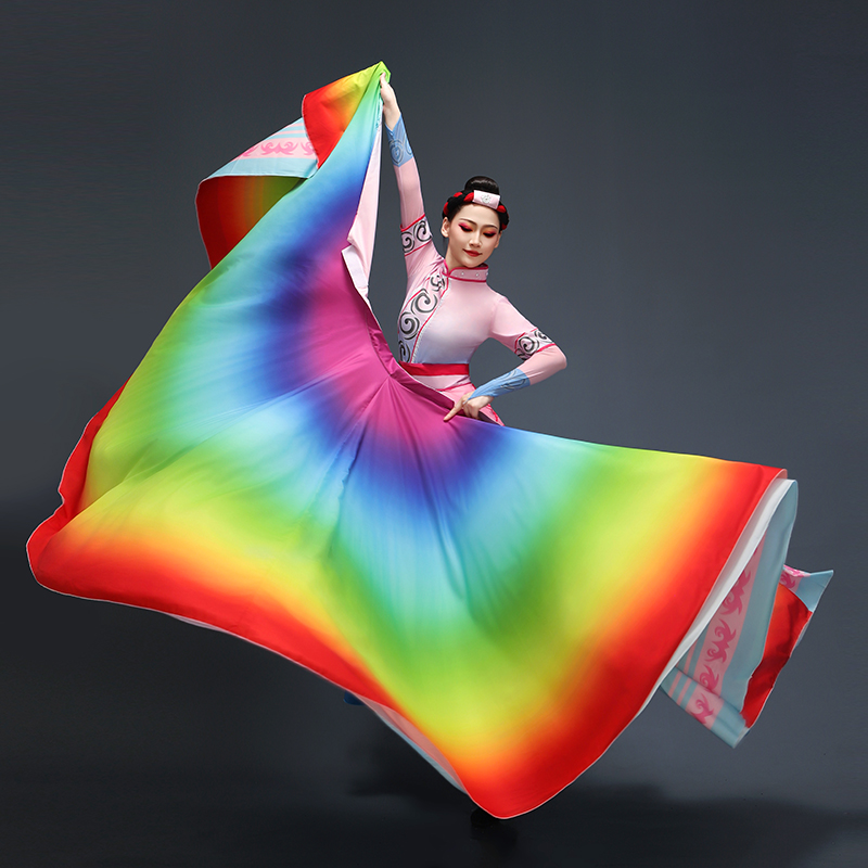 五彩彝裳彝族舞蹈演出服披肩大摆裙少数民族群舞七彩彩色披风服装