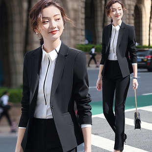 黑色西装外套女神气质服西服套装女正装前台修身小个子正肩工作服